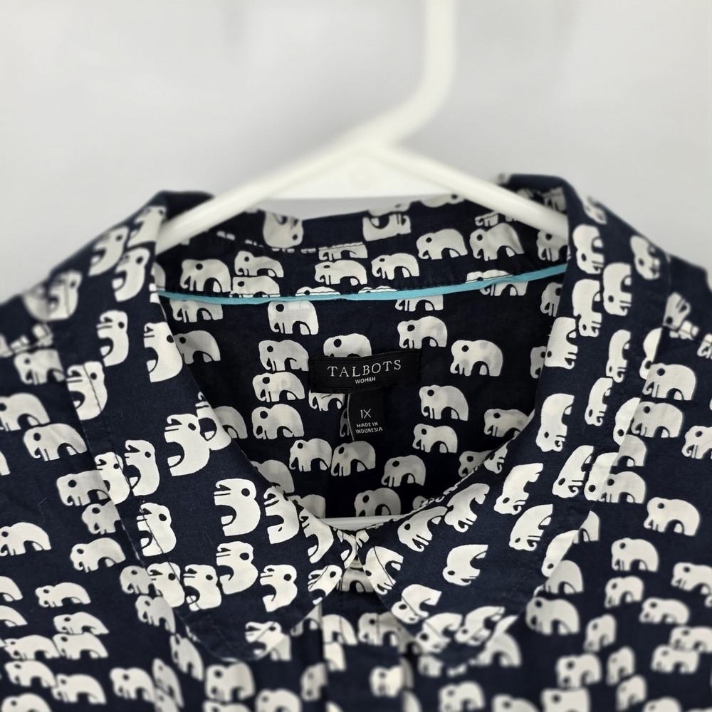 Talbots Button Down Shirt Women 1X Navy White Elephant Print Cotton Long Sleeve - Picture 2 of 8